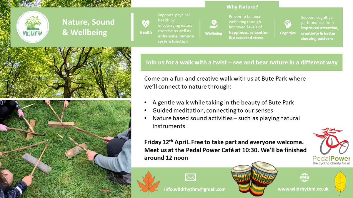 This Friday 12 April! @wildrhythm_cic workshops starting from Pedal Power cafe at 10.30am (finish by 12noon). Connect your senses with the beautiful nature of @buteparkcardiff whilst creating nature-based sounds. Free and all welcome. cardiffpedalpower.org @SightLifeWales