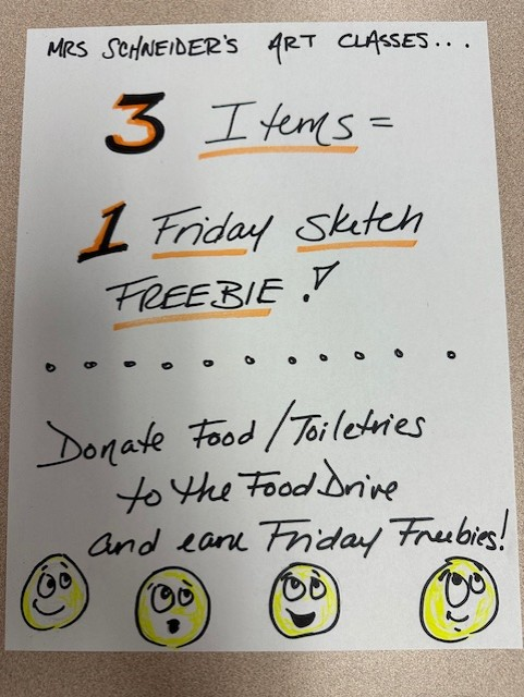 Any of my fabulous students that are interested in doing something charitable, bring in any 3 items for the food drive and earn 1 Friday Freebie! It can even be used for a missed homework.