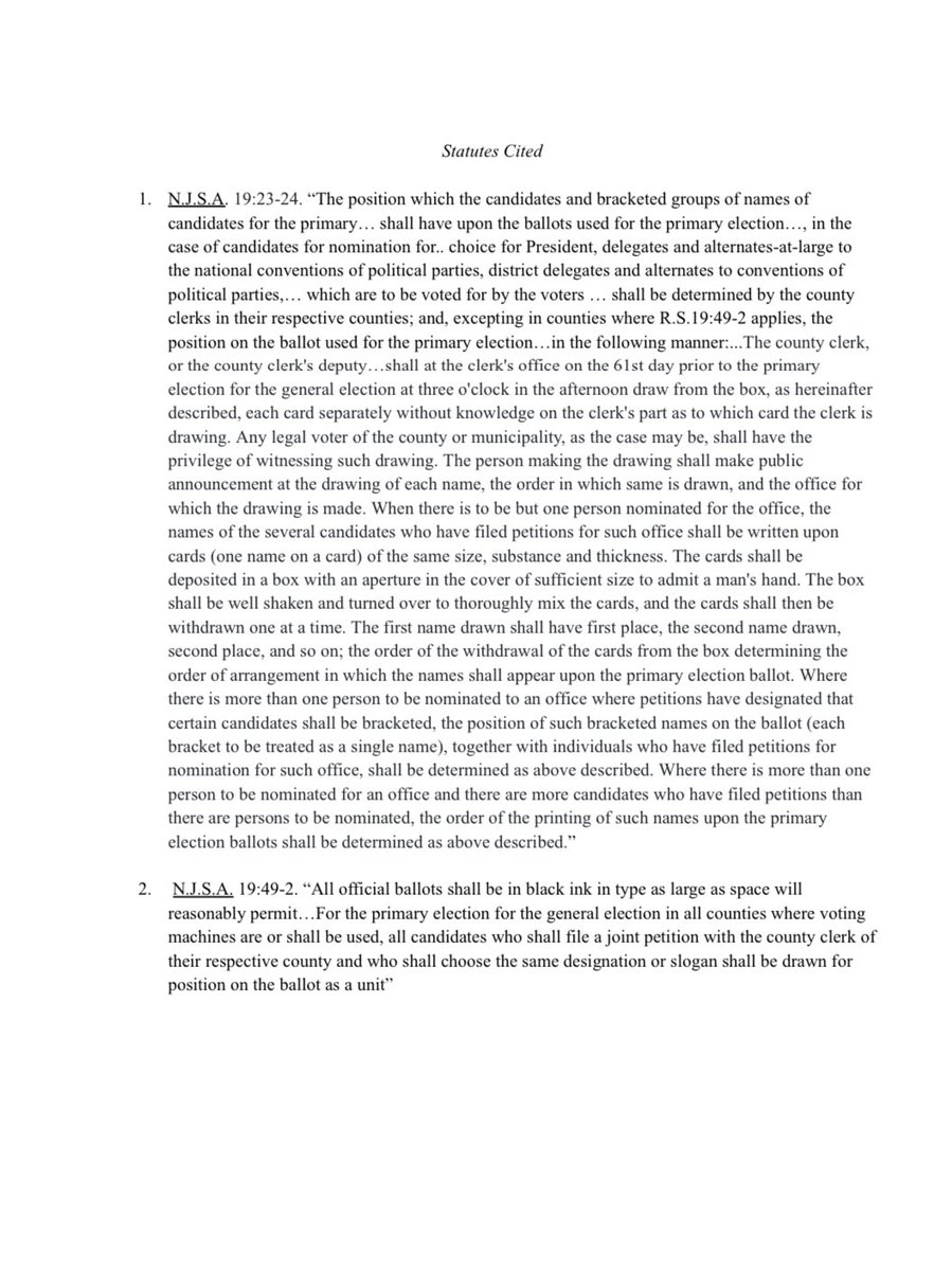 Good morning NJ! As many heard on 📺 last night, county clerks are not following statutory requirements. We’re entitled to a fair draw and fair ballot design with all other choices for President and here’s our letter to Acting DOE Director Barber @NJ_Votes detailing why 🧵