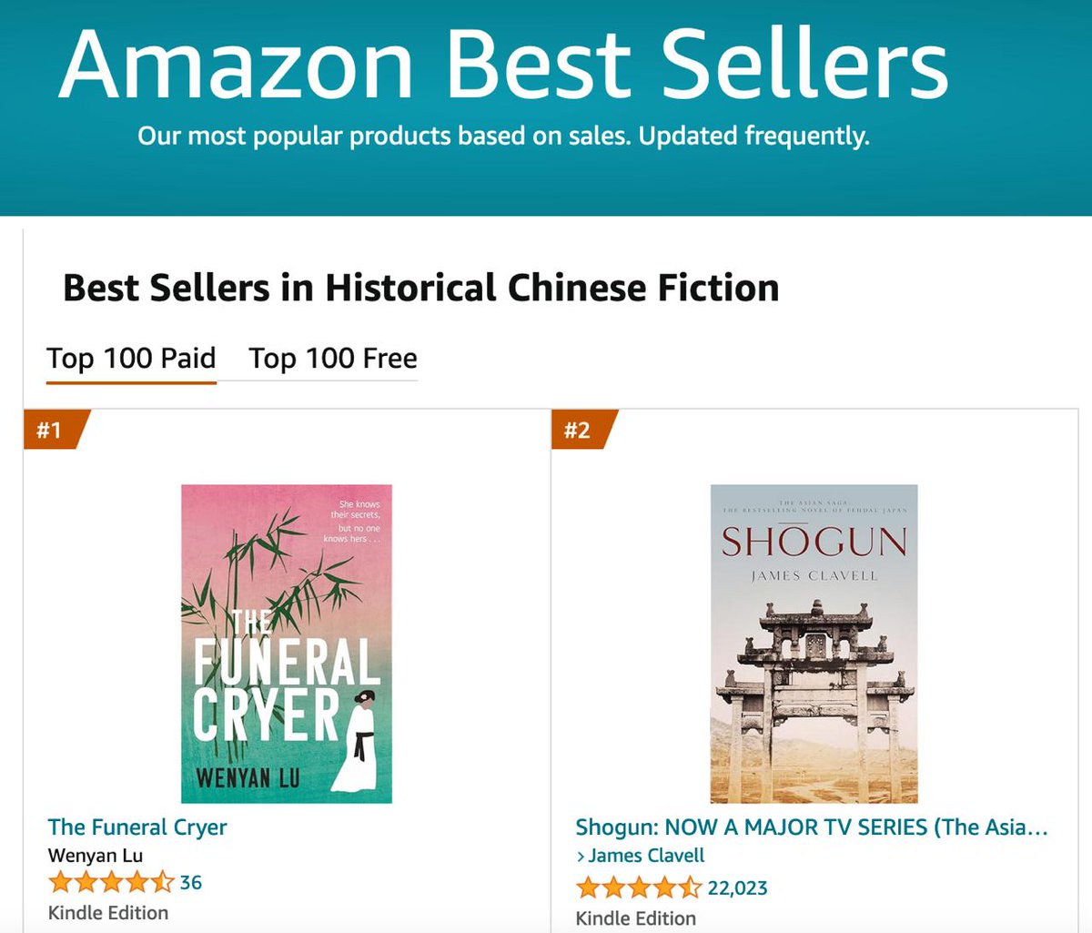 #1 now on @kobo Cultural Heritage in Fiction&Literature ebook, paired with #1 on @amazon Kindle in Historical Chinese Fiction! What a day! #TheFuneralCryer ❤️