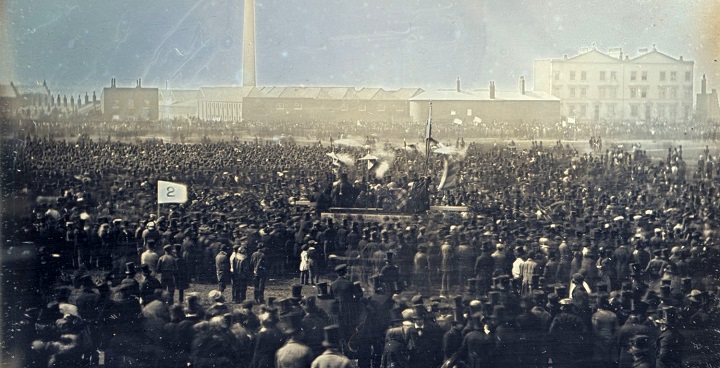 April 10 1848 – A Chartist rally held in Kennington Park London, headed by Feargus O'Connor, who claimed 300,000 came. Demands included a radical extension of suffrage to all men, recall of MPs & secret ballots. The photo is very likely the earliest image of a demonstration.