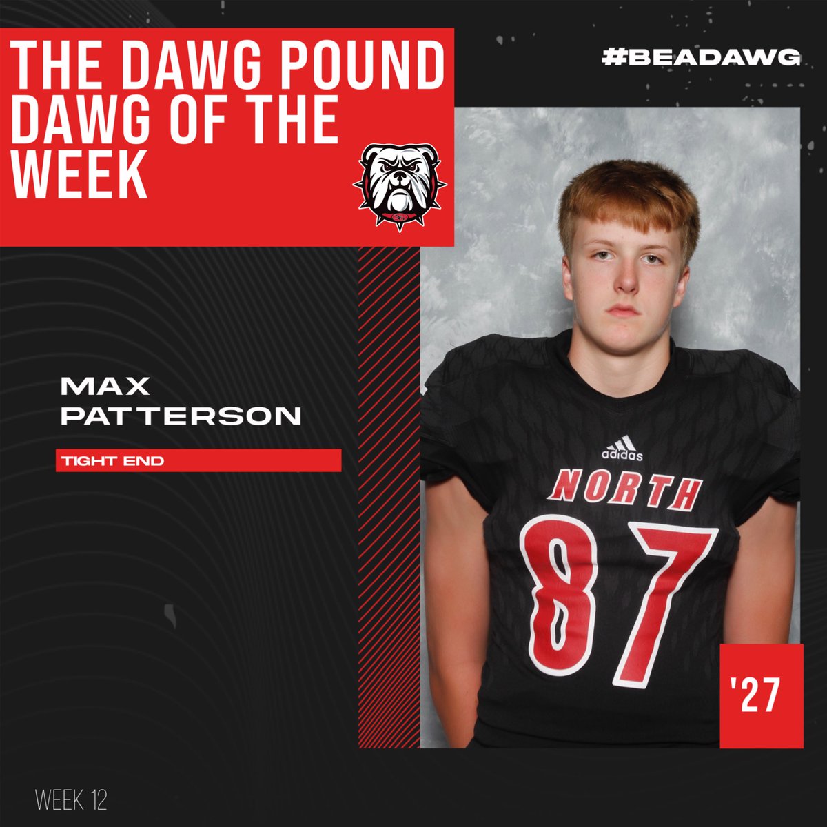 The Dawg Pound Dawg of the Week was ‘27 TE Max Patterson! @BulldogBeast87 comes to work every single day. The 6’6 210lb DAWG’s effort and intensity pushes his teammates. #CHAMPIONSHIP effort every single day! LETS GO!! #FAMILY #NORTH #CHAMPIONSHIPEVERYDAY #BEADAWG #DPG #VT24