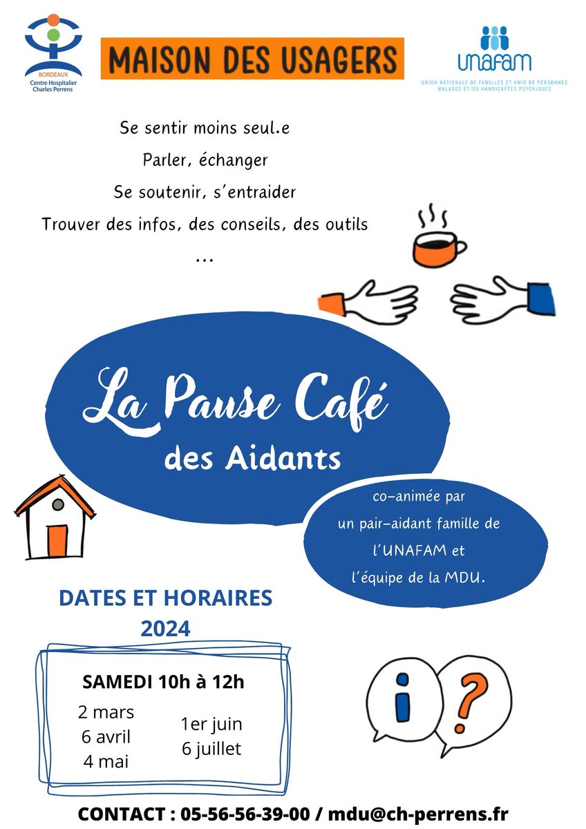 La Maison Des Usagers du @ch_perrens organise « La Pause-Café des Aidants » : temps de rencontre, d’échange, d’entraide et d’information co-animé avec @Unafam33. 📅1er samedi de chaque mois 🕙10h à 12h ➕d'infos ⤵️ ou ch-perrens.fr/maison-des-usa…
