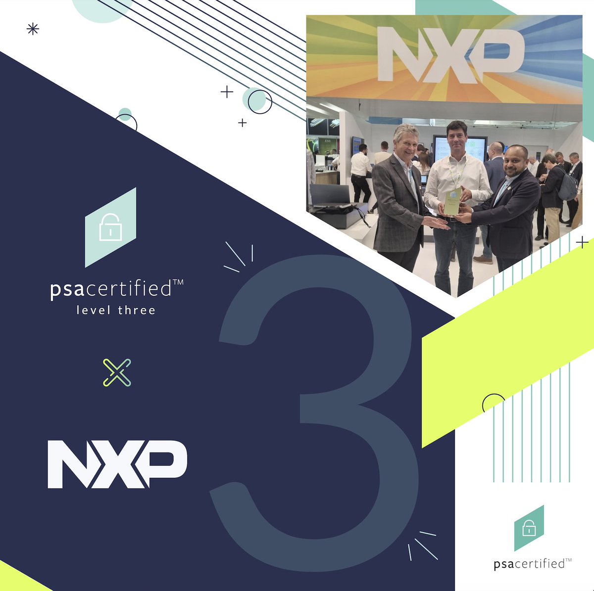 We are thrilled to present Cristiano Castello, product owner of the LPC55S36 and xRW61x (RW612 & RW610) products at @NXP, with the PSA Certified Level 3 trophy!🏆 Presented by Rob Coombs and Anurag Gupta at #embeddedworld24, this comes with our huge congratulations!