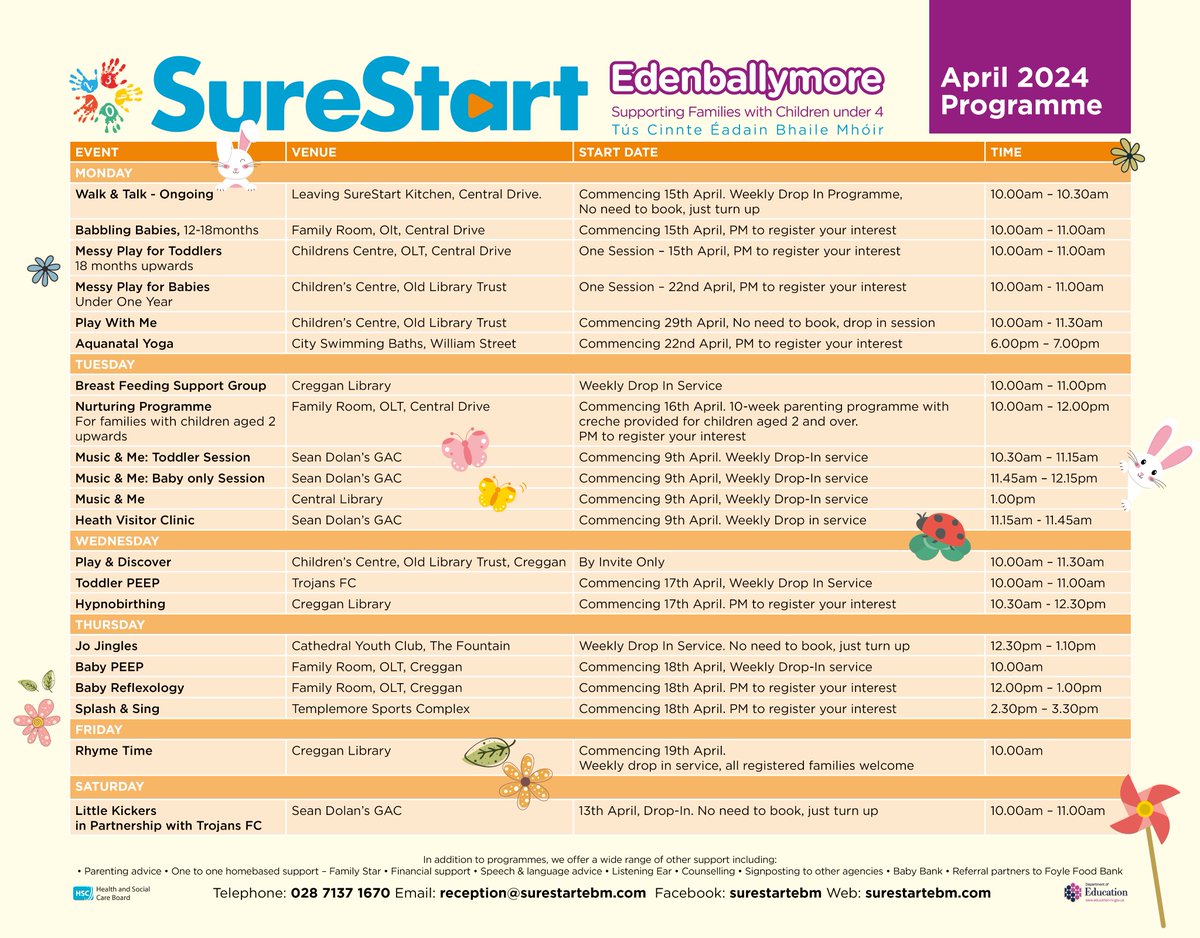 📷📷 WHATS ON APRIL!📷📷 Hi Folks, please see below Timetable for April 📷 Some programmes remain drop in but others you may need to book so please send us a PM with YOUR NAME, ADDRESS, CONTACT NUMBER, CHILD'S NAME & DOB if you wish to express your interest in those programmes 📷