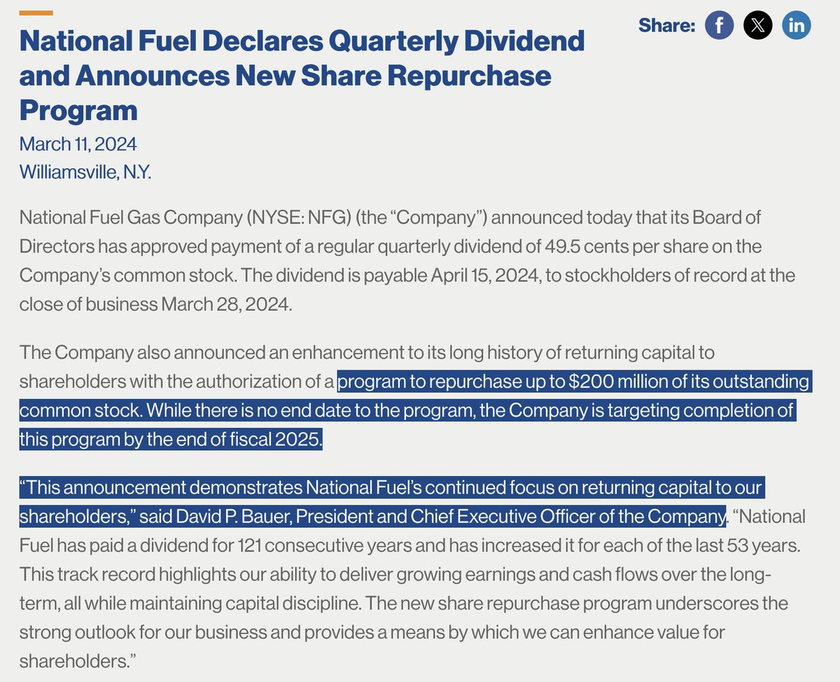 2) National Fuel recently announced a $200 million stock buyback at the same time it is seeking $89 million/year in rate hikes from customers nationalfuel.com/news/national-…