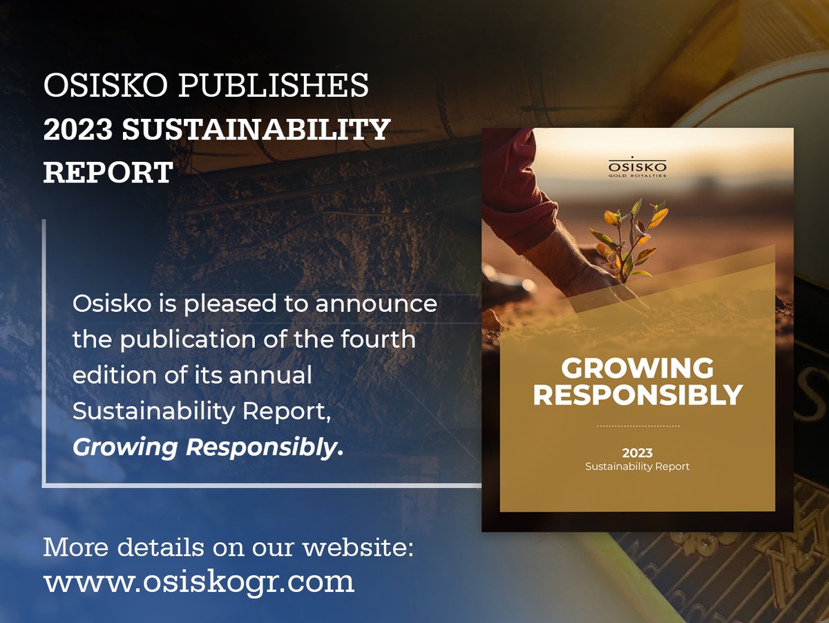 Earlier this morning, Osisko published the fourth edition of Growing Responsibly, our annual Sustainability Report. The report highlights our key Environmental, Social and Governance achievements in 2023.

#osisko #osiskogoldroyalties #mining #miningnews #ESG #sustainability