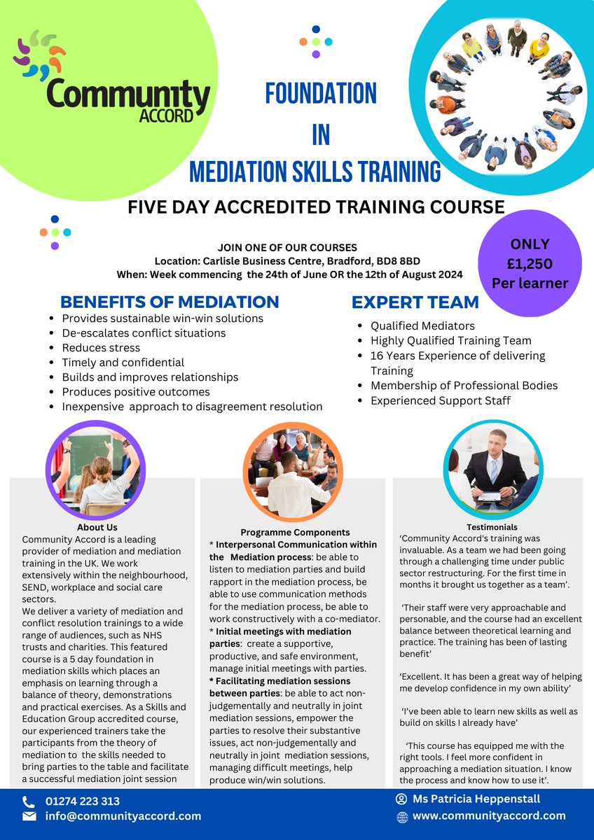 💥Member Offer - #Bradford based Community Accord are running an Accredited Foundation in Mediation Skills Training Course over the next few months. Chamber Members can benefit from discounted prices. Find more information here: members.wnychamber.co.uk/offer/accredit…