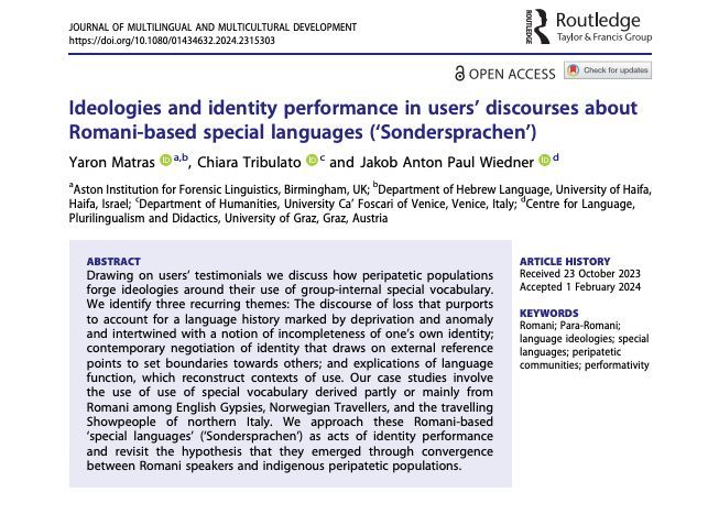 New publication by alumnus of the @HWK_IAS @YaronMatras of @AIFL_Aston et al.: 'Ideologies and identity performance in users’ discourses about Romani-based special languages (‘Sondersprachen’)', in: Journal of Multilingual and Multicultural Development buff.ly/3T1ubZw
