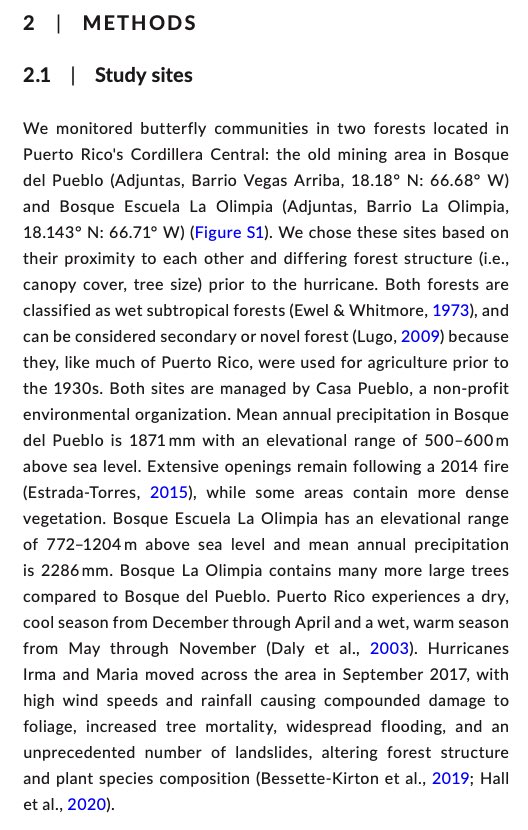 Hoy publica en la revista científica @Biotropica un trabajo sobre las mariposas en el Bosque del Pueblo y Bosque La Olimpia tras el huracán María. Orgullosos de la entonces estudiante cubana de 🇨🇺 Dayneris Aparicio bajo la dirección de @BE_bilingue quien completó su MS en @uprm.
