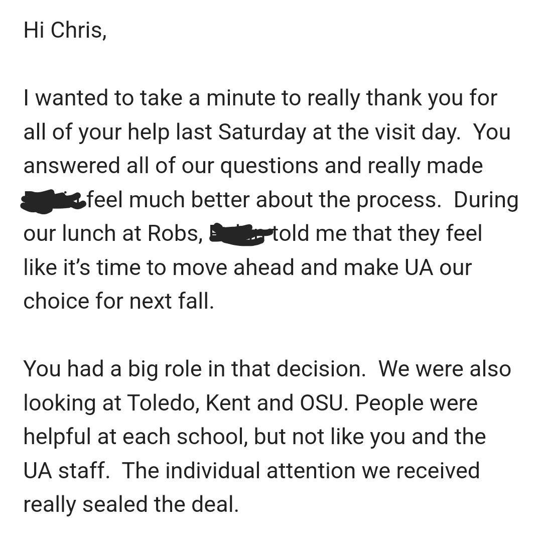Always love getting these types of emails from families I'm working with. During a visit day of 500 guests, we still were able to provide a personal experience and make a student feel special. Glad to have another great student join the Zips family #GoZips