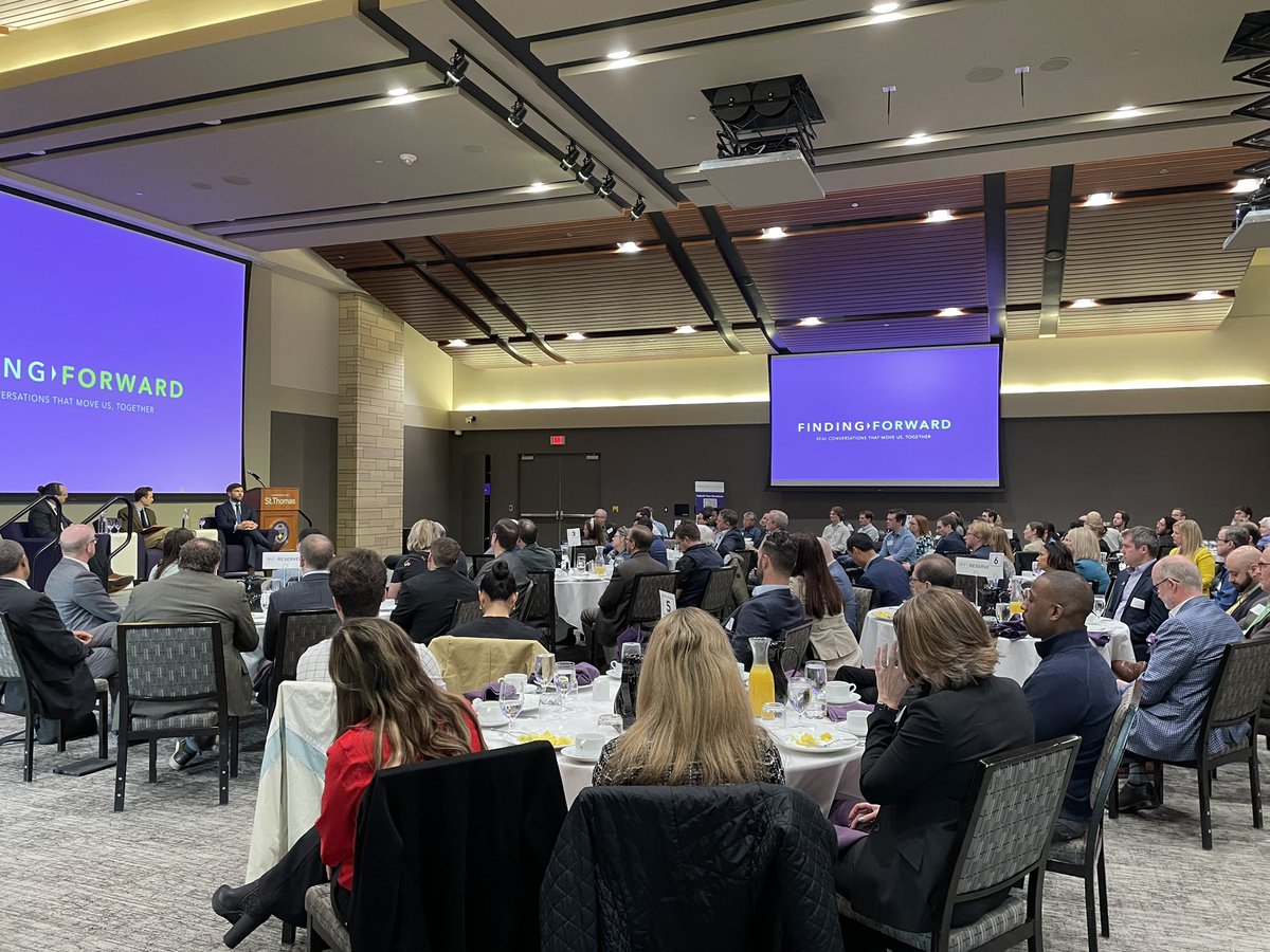Big crowd at Finding Forward conversation series event with Ryan Long @XcelEnergyMN president & microgrid expert Dr. Mahmoud Kabalan of @UST_microgrid here at @UofStThomasMN