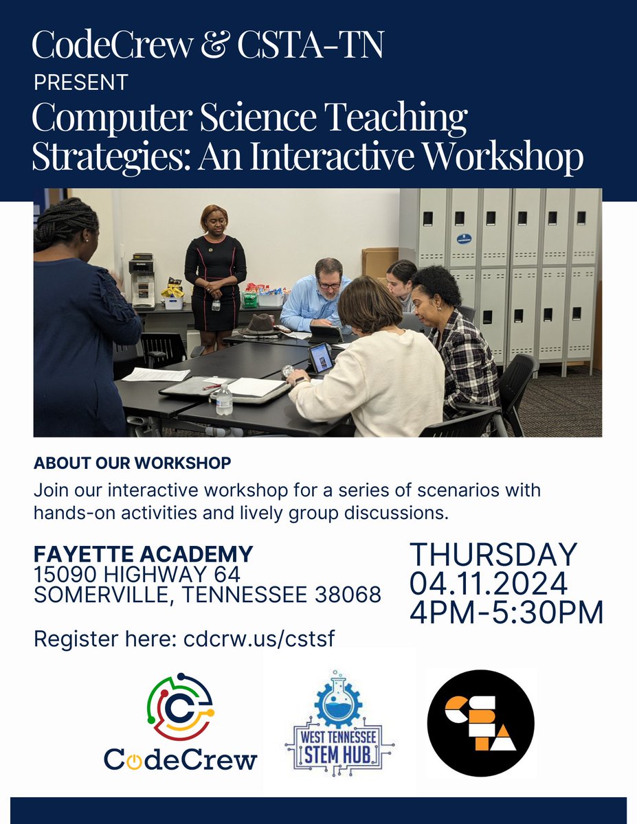 #Educators! Join our engaging workshop for a series of interactive scenarios, hands-on activities, and dynamic group discussions on strategies for integrating computer science into your curriculum and making it accessible to all students. Register here! cdcrw.us/cstsf