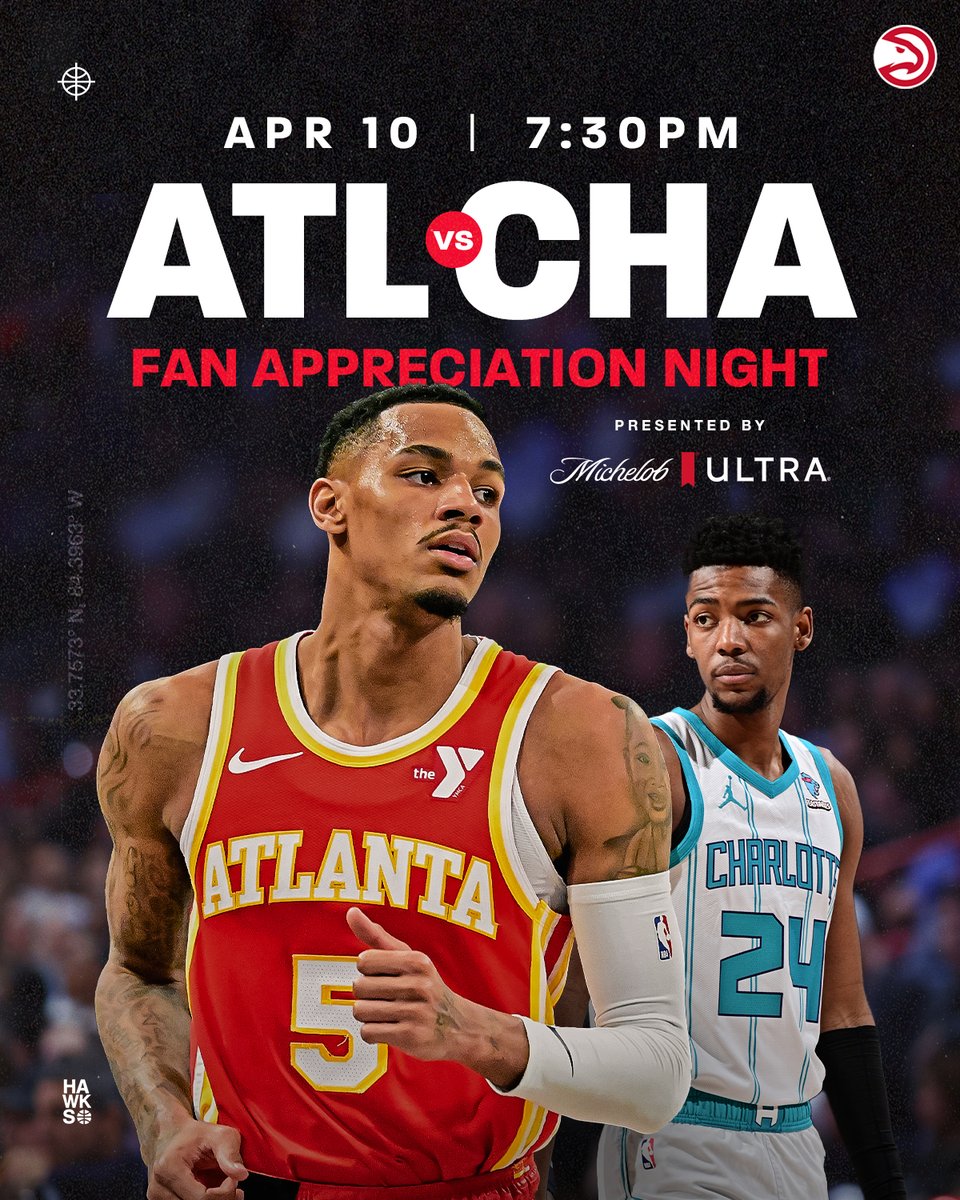 Fan Appreciation Night for our last home game of the regular season 🙌❤️ 🆚 @hornets ⏰ 7:30 PM ET 📍 @StateFarmArena 📺 @HawksOnBally 📻 @929TheGame 🤝 @MichelobULTRA 🎟️ bit.ly/3vO29I6