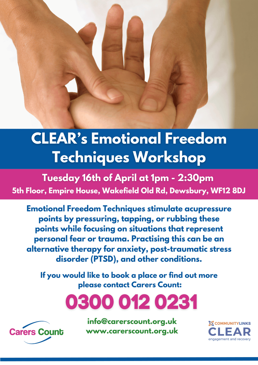 Join us for CLEAR'S Emotional Freedom techniques workshop, using acupressure to help with feelings of fear and trauma.

Spaces are limited! ☎️ call 0300 012 0231 to book or, to find out about more events, click here bit.ly/3HmV2XH  #emotionalfreedomtechniques
