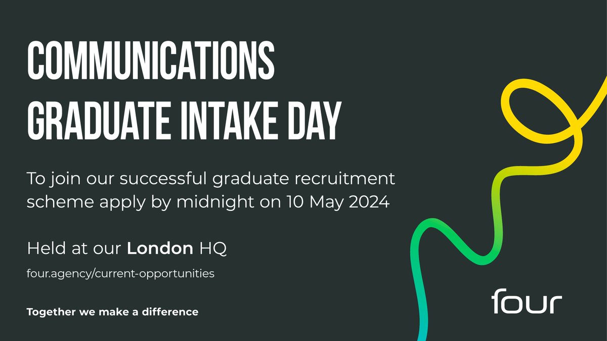 Four are hosting a communications graduate intake day at our London offices on Tuesday 4 June 2024. If you are interested in applying, more info here t.ly/lvzq7 #TogetherWeMakeADifference #WeAreEpic