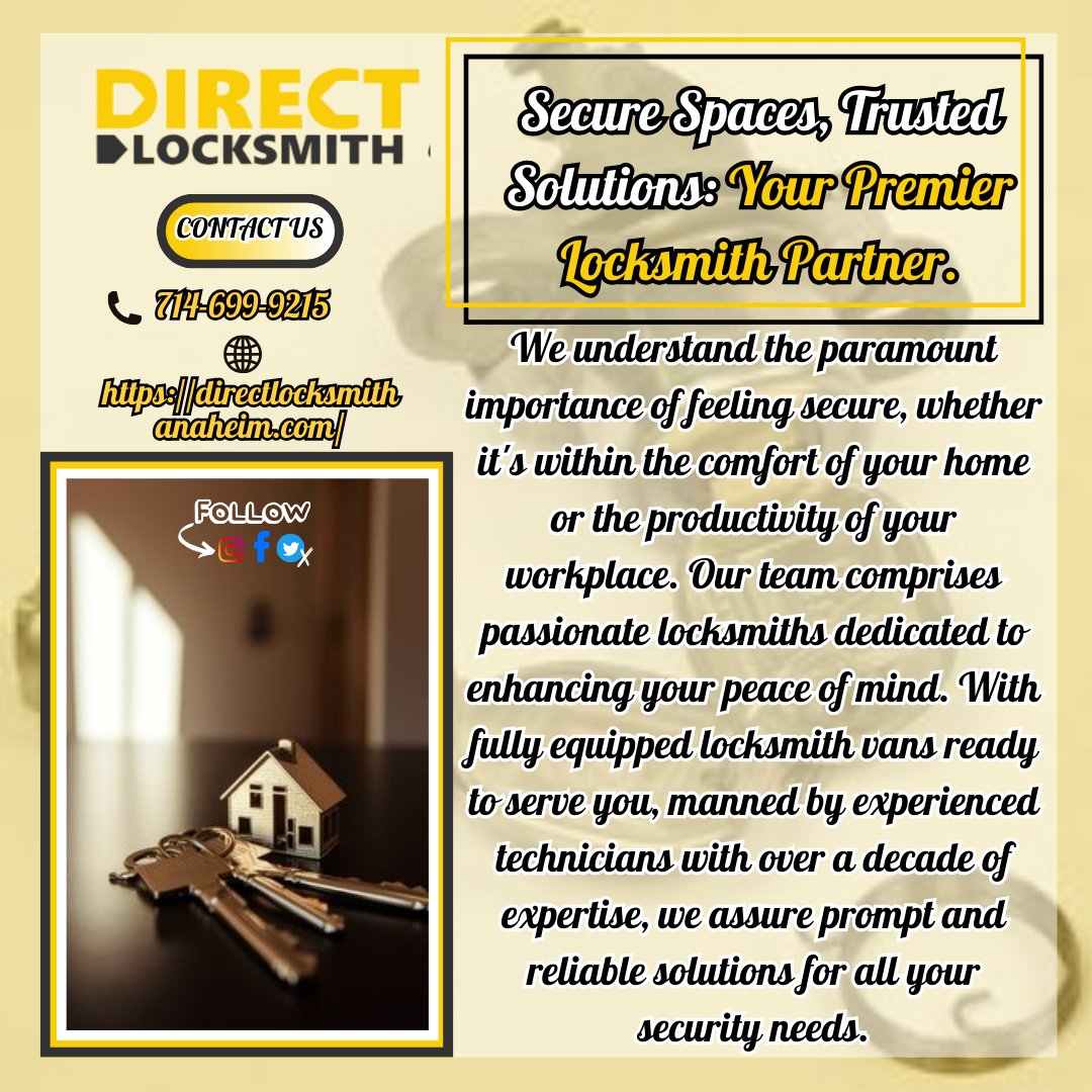 DirectLockCA's tweet image. 🔒Keep your home and workplace safe with our trusted locksmith services! Our passionate team is dedicated to making your day better by ensuring your security.💼

#SecureSpace #LocksmithSolutions #AutomotiveLocksmith #CarLockout #KeyReplacement #EmergencyService #HomeSecurity

1/2