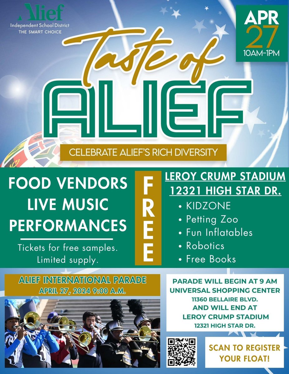 Mark your calendars! 🗓️ Join us on April 27 with the Alief International Parade kicking off at 9am, followed by the Taste of Alief from 10am-1pm. Bring your loved ones for a day of delicious food and cultural celebrations! #TasteofAlief