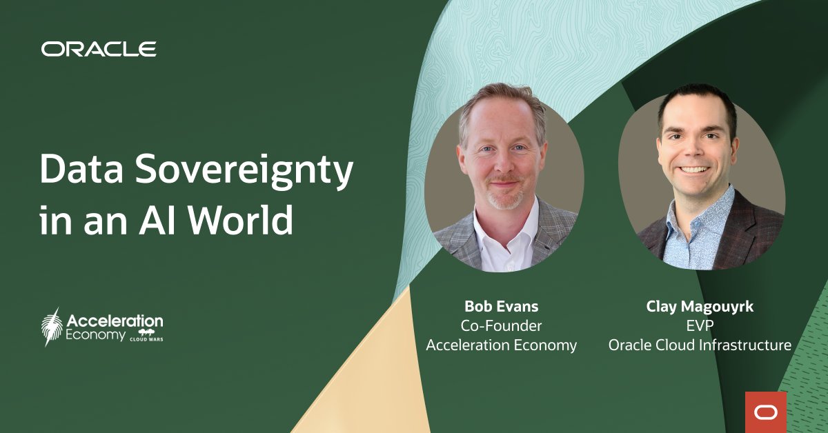 ICYMI: <a href="/Oracle/">Oracle</a>'s <a href="/ClayMagouyrk/">Clay Magouyrk</a> and <a href="/AccelerationEc1/">Acceleration Economy</a>'s <a href="/BobEvansIT/">Bob Evans</a> share how your organization can ensure data sovereignty as #AI reshapes businesses and societies across the world. Watch now: social.ora.cl/6015wiP4N