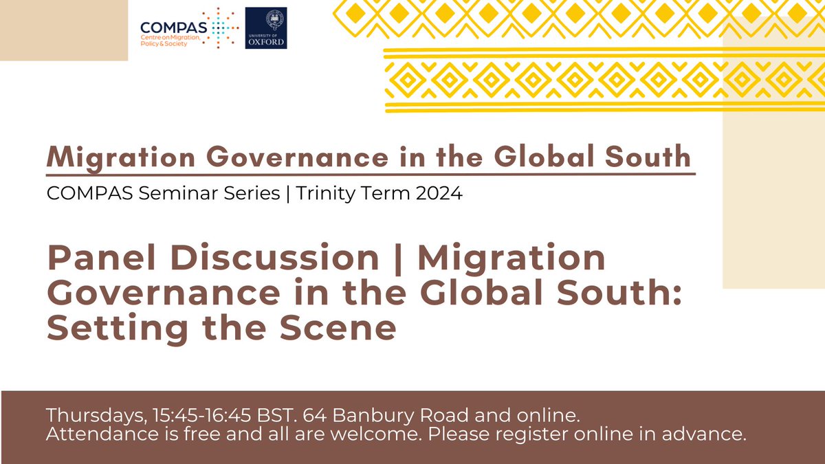 We're kicking off this term's @COMPAS_oxford seminar series with a panel discussion! Join us for this introductory event on #migration #governance featuring @BisimwaMulema of @RLRH_Oxford and Dr Oliver Bakewell of @GlobalDevInst in conversation. 🕞15:45 GMT 🏡64 Banbury Road and…