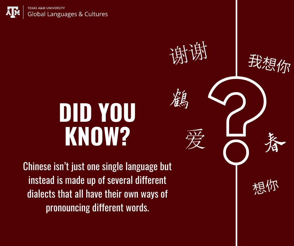 All of these dialects share a common literary language, but there is no standard of pronunciation so different speakers will pronounce the same word differently. #LearnChinese #ChineseLanguage #StudyChinese #ChineseAtTamu #StudyLanguage #StudyCulture #tamuGLAC