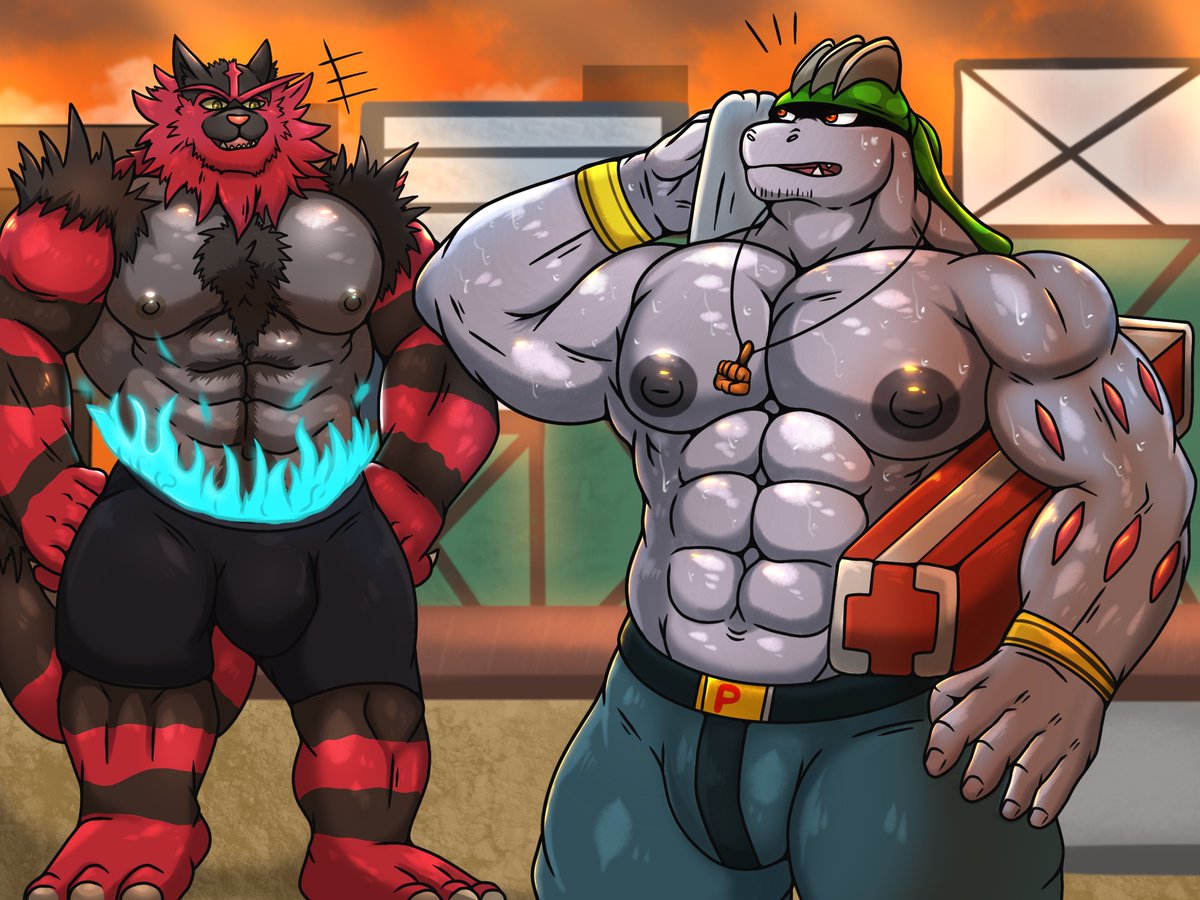 Fiero (incineroar) meet Mash (My Machoke) In the evening, After Mash finished the work. This is the Patreon request.