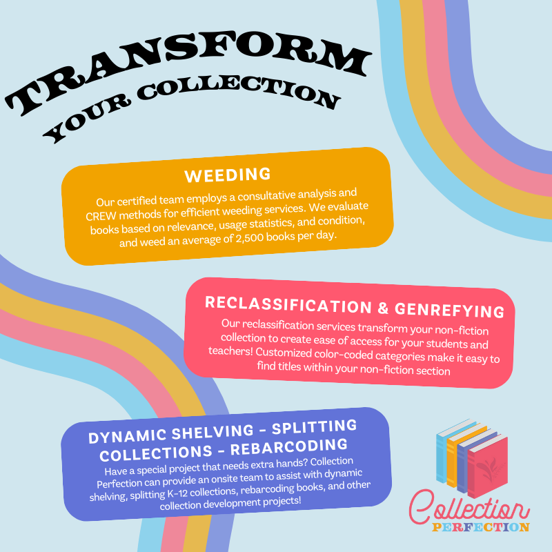 Collection Perfection provides on-site collection development services that transform your library in days! Our team of certified librarians works with you & your collection to assist with weeding, genrefying, & more: hubs.ly/Q02q0ljy0 #txlchat #texasschoollibraries #txasl