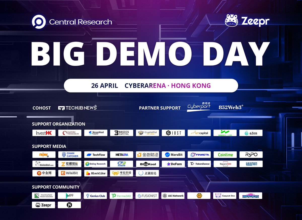🎉The 12th Big Demo Day is coming! ⏰Apr 26, 14:00-18:00 GMT+8 🏢Cyber Arena, Cyberport Join @CentralResearc3, @cyberport_hk, @Zeepr_labs, @852web3, and @News_Techub for this event. Dive into Web3 with industry leaders and projects. 📝Register here: forms.gle/gQvWgNRBffWvXk…