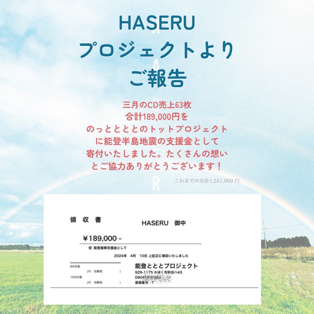 アルバムHASERUの三月の売り上げを寄付しました。 これで、これまでの支援金は¥1251,000-になりました。多くの方に参加していただき感謝です。…