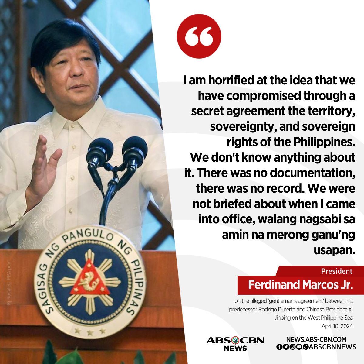 President Ferdinand Marcos, Jr. says he is 'horrified' over the alleged gentleman's agreement between former president Rodrigo Duterte and Chinese President Xi Jinping on the West Philippine Sea.

FULL STORY: news.abs-cbn.com/news/2024/4/10…