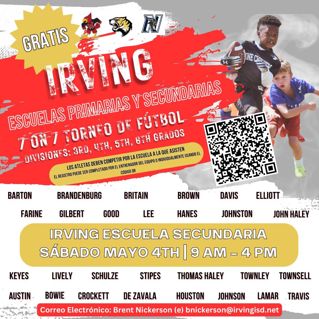 Keep spreading the word, this will be a great turn out for our youth in Irving! @Lamar_MS @IrvingBowie_MS @SchulzePanthers @BritainElem @stipesstallions @BrownElementary @JHaleyBulldogs @IrvingISD @IISDAthletics