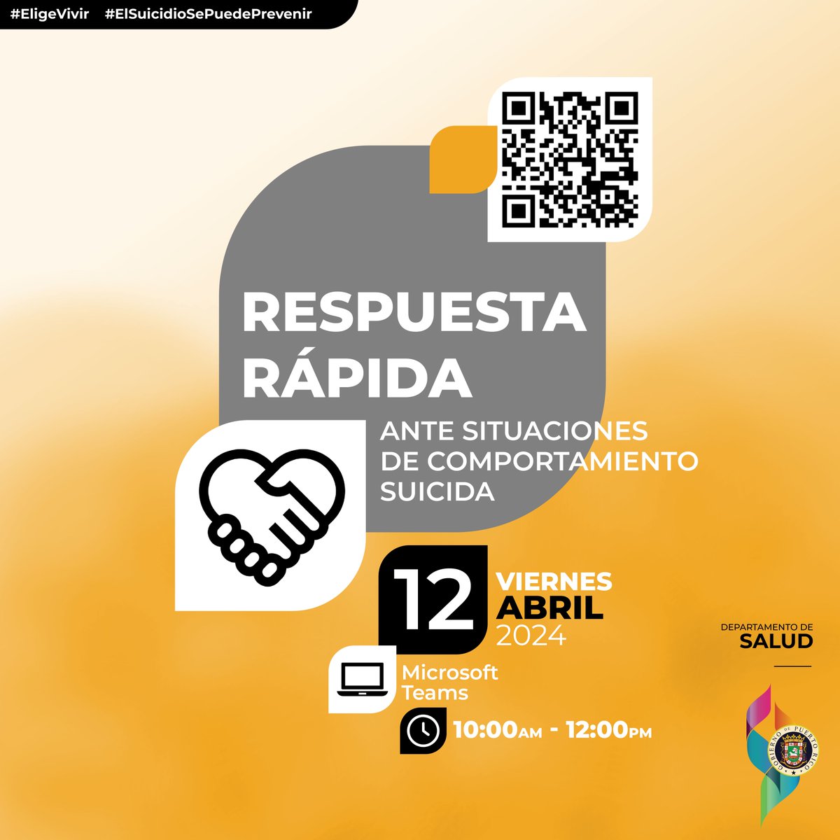 ¡Inscríbete ahora! Aprende a cómo identificar, manejar y referir situaciones de riesgo en el taller Respuesta Rápida ante Situaciones de Comportamiento Suicida”. Regístrate: 👉 bit.ly/3vuYKxS #EligeVivir. El suicidio se puede prevenir.