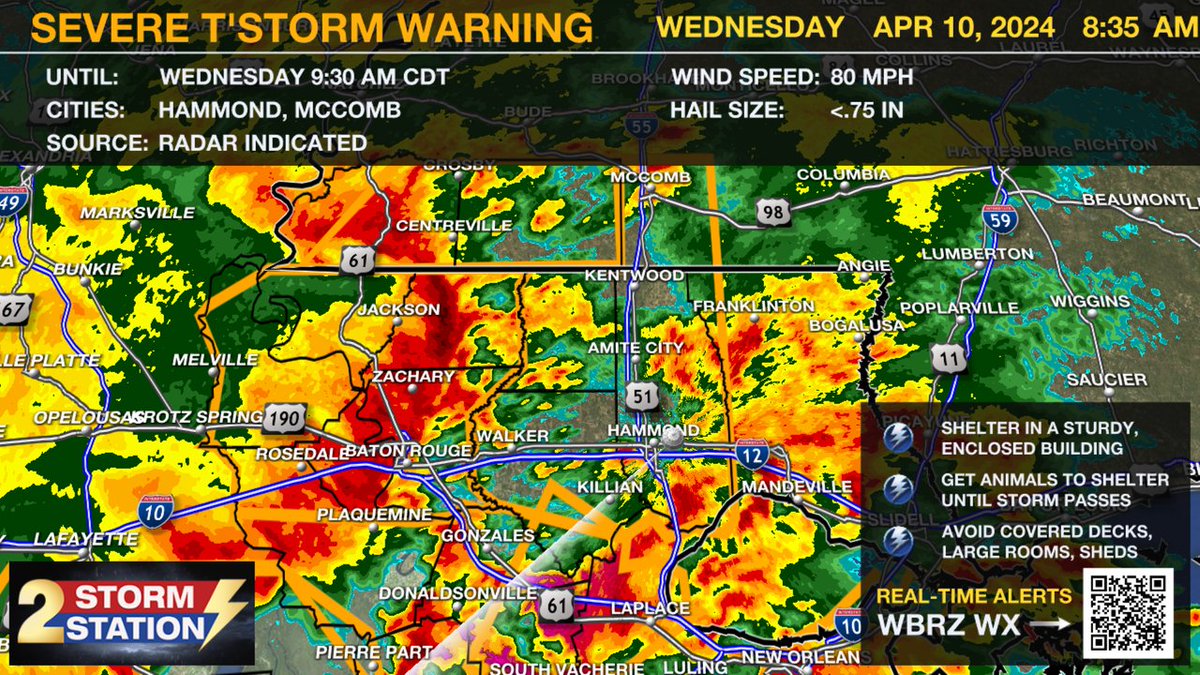 A ***SEVERE T'STORM WARNING*** has been issued for Tangipahoa, Livingston, Pike, St. Helena, Amite, Washington until 4/10 9:30AM. This is a dangerous storm! #LAwx Download the free WBRZ Weather App: wbrz.com/news/download-…