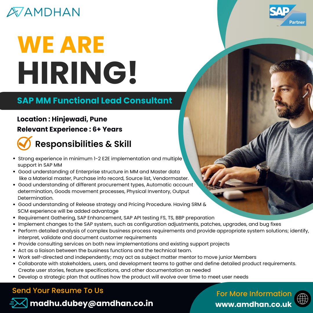 We Are Hiring.

𝐏𝐨𝐬𝐢𝐭𝐢𝐨𝐧: SAP MM Functional Lead Consultant

𝐀𝐩𝐩𝐥𝐲 𝐍𝐨𝐰 𝐎𝐧 - madhu.dubey@amdhan.co.in

#sapmmconsultant #sapmm #sapconsultant #materialmanagement #saperp #sapimplementation #sapfunctionalconsultant #hiringpost #amdhan #sap #itjobs #sapconsultant