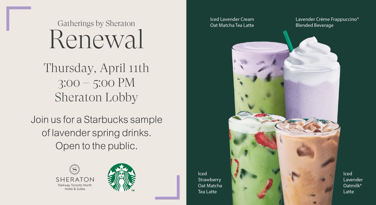 You're invited to a Starbucks sampling of lavender spring drinks tomorrow from 3:00-5:00 pm in the @SheratonParkway lobby as part of #GatheringsbySheraton to create moments of connection.