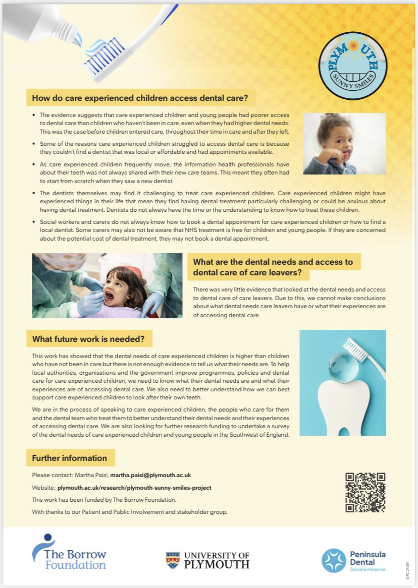 We’ve worked alongside care experienced young people and non-dental professionals to create this summary of our research highlighting the oral health needs and experiences of children in care and care leavers. #careexperienced #oralhealth #lookedafterchildren @BorrowFound_