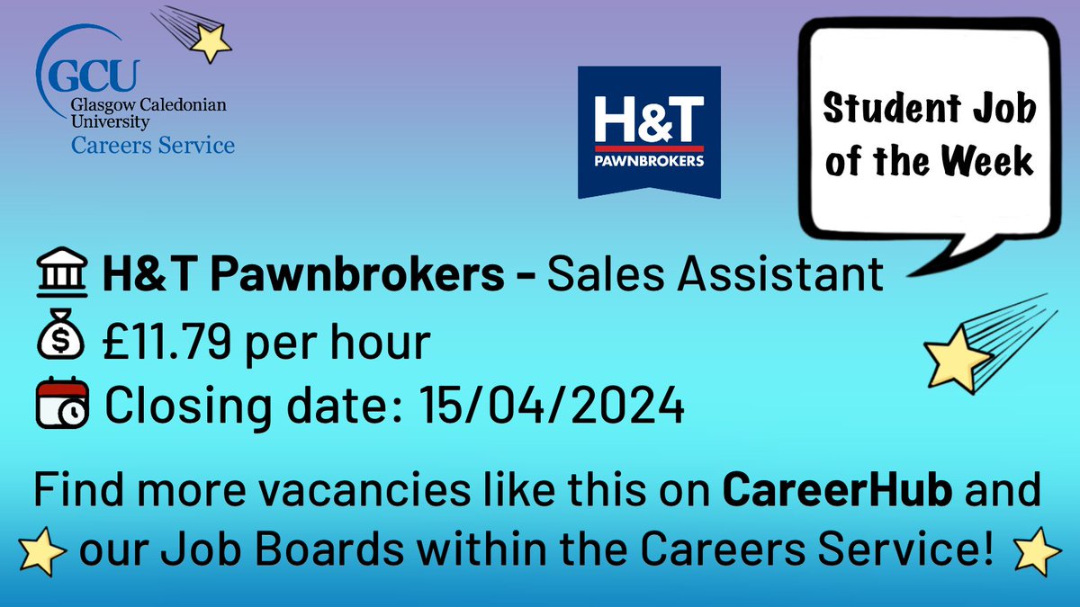 It's time for this week's @GCUCareers #JobOfTheWeek! 

📍 H&T Pawnbrokers - Sales Assistant 
💰 £11.79 p/h 
📅 Closing date: 15 April 2024

Find out more via the Careers Hub 👉bit.ly/4aqDXuA