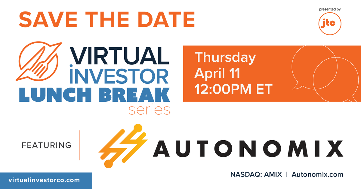 #SaveTheDate for our Virtual Investor Lunch Break featuring @Autonomixmed: The Team Behind the Ticker. Join us tomorrow at 12 PM ET. Register here: bit.ly/3UbZCkk #Electrophysiology #MedTech #PeripheralNervousSystem #NeuralSignals #DetectionTechnology