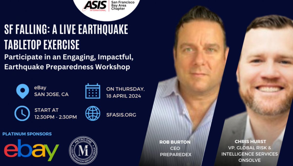 Join this in-person interactive tabletop exercise on 4/18/24 led by Rob Burton, Principal at PreparedEx, and Chris Hurst, OnSolve Vice President of Global Risk and Intelligence Services to improve your organization’s readiness for earthquakes.
Register: buff.ly/3TZQb7o