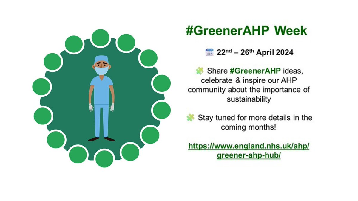 💚 #GreenerAHPWeek 22nd - 26th April 2024 Find out more by visiting the Greener AHP Hub: england.nhs.uk/ahp/greener-ah… @WeAHPs @HindleLinda @SHolmes_SLT @kidzfizz @ODPNikkiStroud
