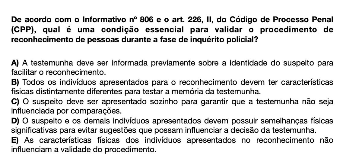 gerson_aragao's tweet photo. QUESTÃO: Procedimento de reconhecimento de pessoas durante a fase de inquérito policial

#informativodostj #concursopublico #stj #cespe https://t.co/bxs0mhLOhn