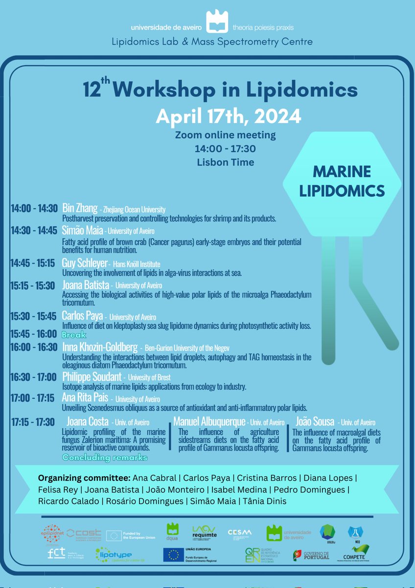 Don't miss out on the Marine Lipidomics Online Workshop on the 17th of April from 14h-17h15 (Lisbon time)!
Come spend an afternoon learning about recent work in the field of marine lipids!

Registrations are free at: forms.gle/97mbvabVkxScbs…
Full program right here: