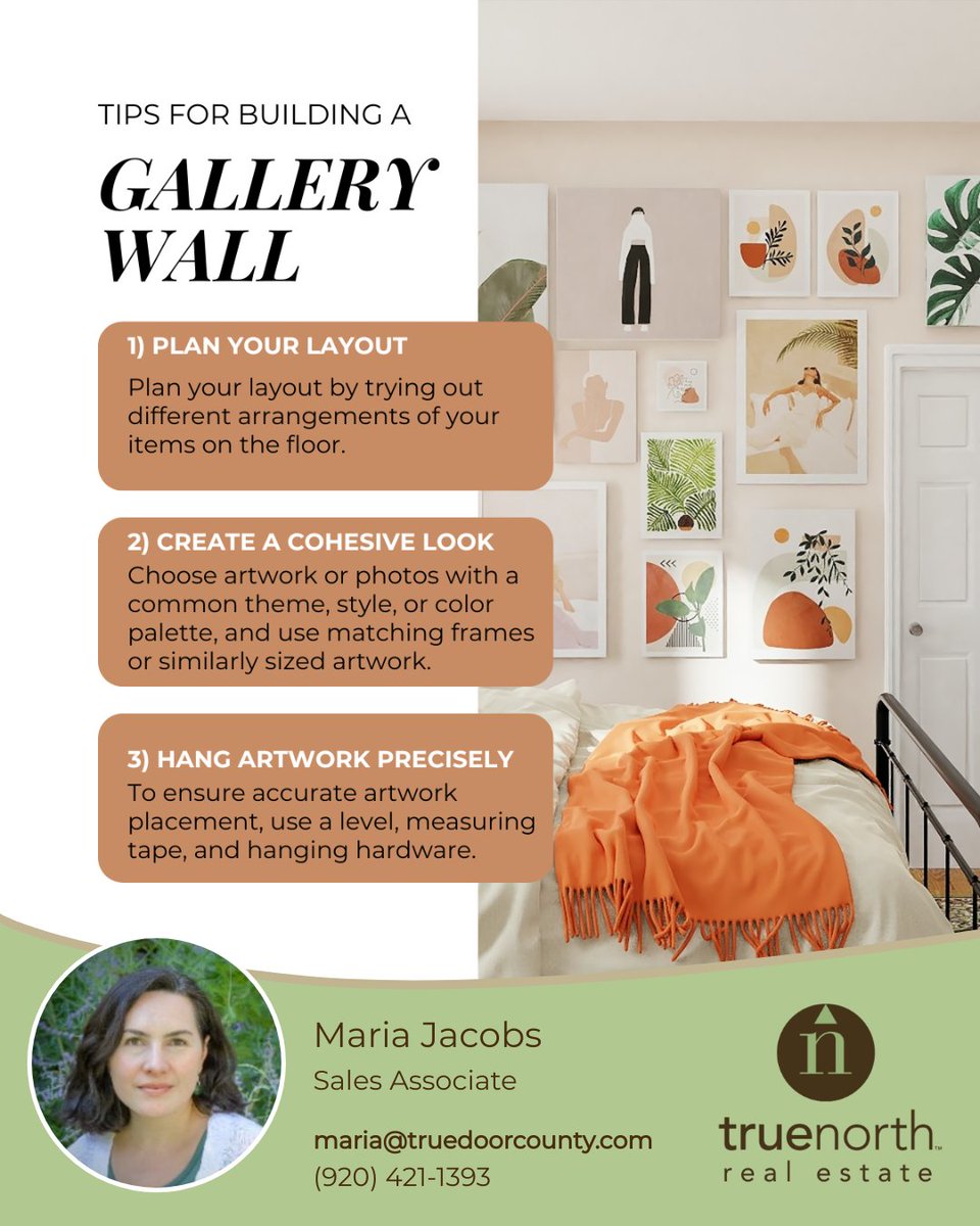 Whether you're a seasoned curator or just dipping your toes into the world of wall decor, these expert tips will help you craft a gallery wall that reflects your style and passions. #gallerywall #walldecor #homedecor #artwall #doorcounty #realtor #lifeindoorcounty