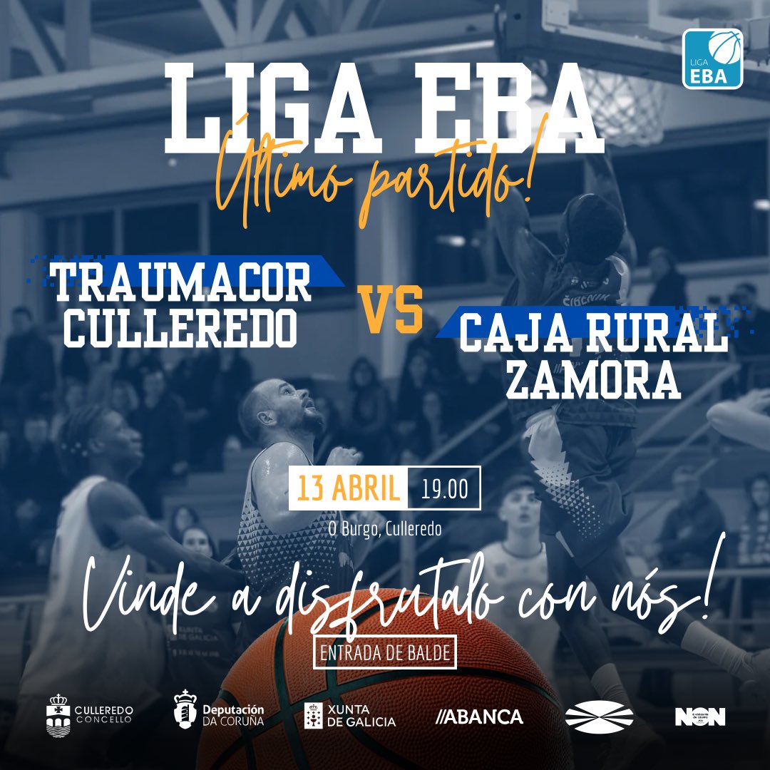 ⚡️Último partido da tempada #LigaEBA⚡️

🔝🔝O vindeiro sábado 1️⃣3️⃣ queremos convidarvos a todos ó ultimo partido da tempada, queremos conseguir a permanencia na EBA e celebralo con todos vos!

🆚 <a href="/RecoletasZamora/">CD Zamarat - Recoletas Zamora</a> 
🏆 Liga EBA | X26
⏰ 19.00h
🏟️ O Burgo