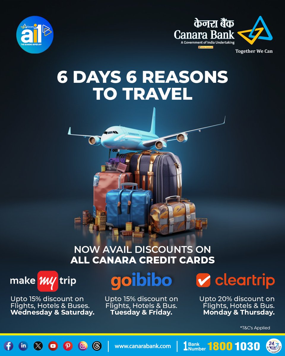 Avail unbeatable discounts on MakeMyTrip, Goibibo, and Cleartrip with your Canara Credit Card! Enjoy exclusive offers on flights, hotels, and more, making your travel experiences even more memorable. Book now! #CanaraBank #CreditCard #Travel