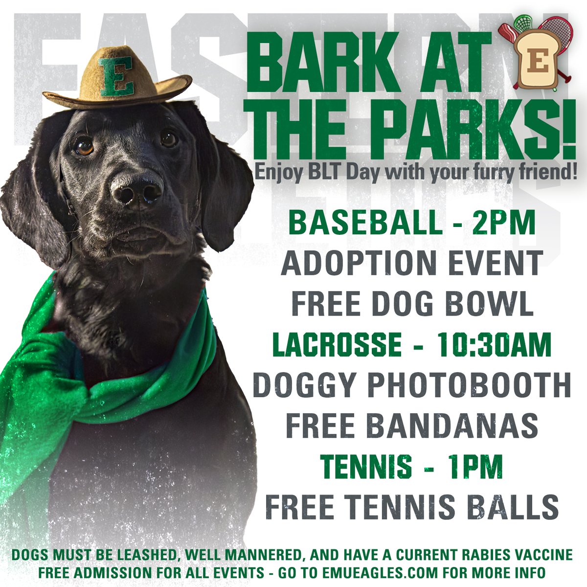 Who let the dogs out? 🐶 It's an all-day Bark at the Parks this Sunday, April 14! Three games, three giveaways, and plenty of pets to go around! #EMUEagles