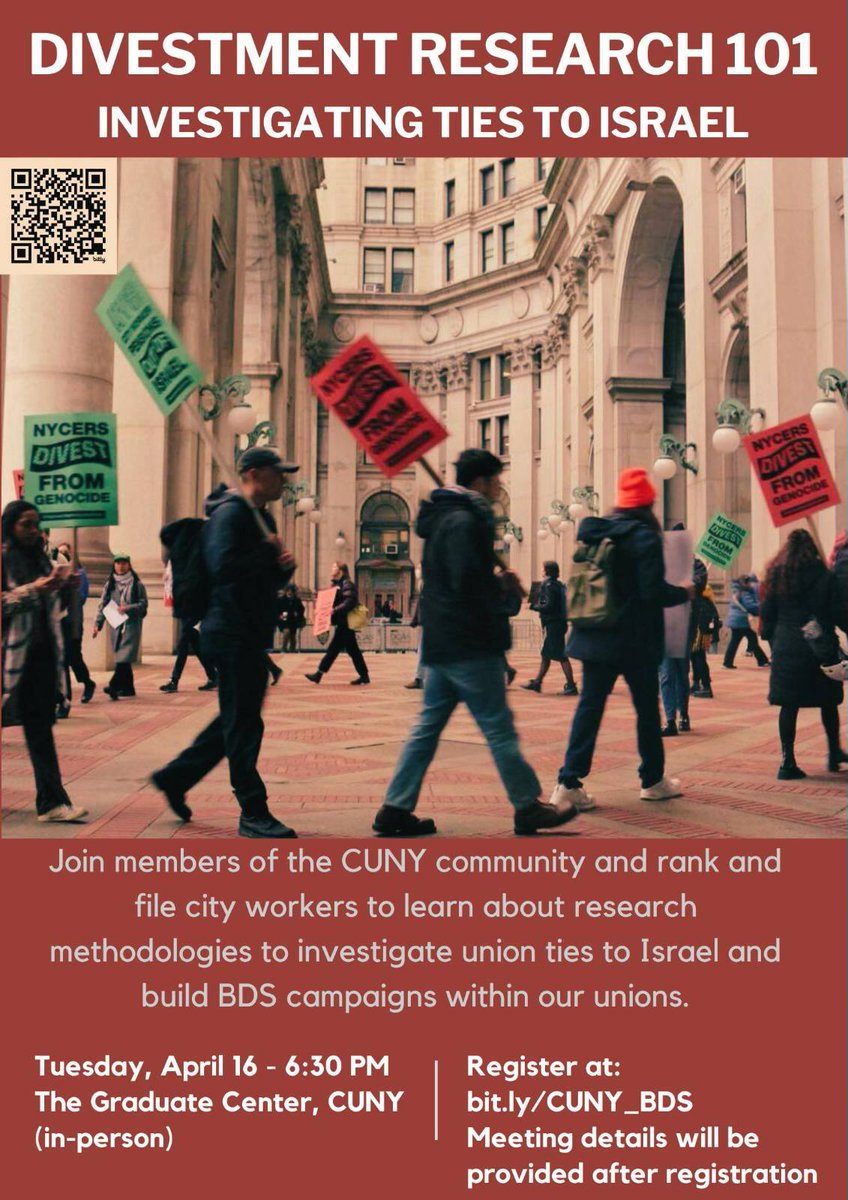 Divestment Research 101: Investigating Ties to israel 📆 April 16 ⏰ 6:30 pm 📍CUNY Graduate Center You don’t want to miss this important workshop! Register here: bit.ly/CUNY_BDS