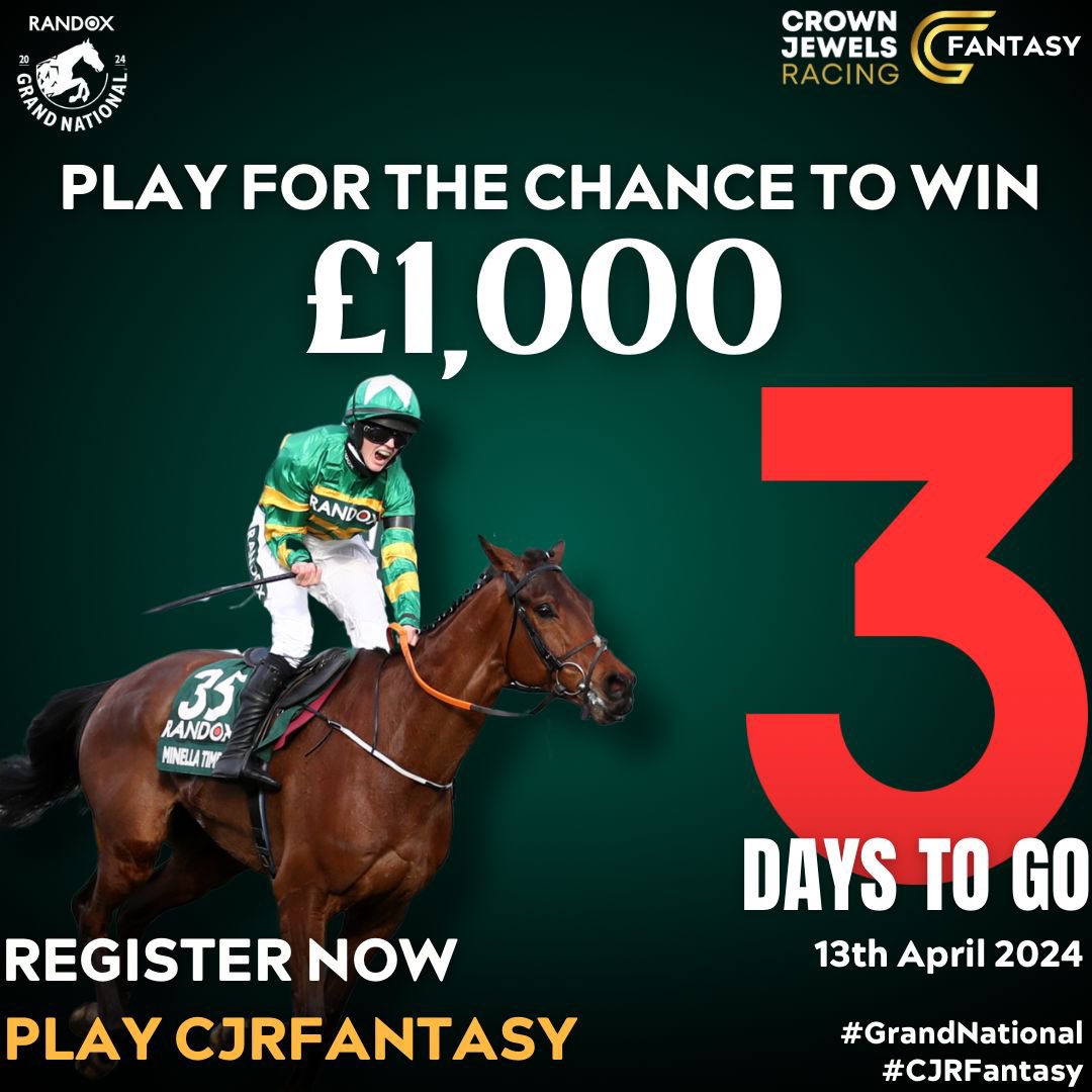 3️⃣ Days To Go‼️

REGISTER NOW TO PLAY FOR THE CHANCE TO WIN £1,000 🐎🎮 

🔗 Link In Bio 

📍: @AintreeRaces 
🗓️: Saturday 13th April 

#horseracing #grandnational #aintreeraces  #18ofthebest #premiumracing #fantasygame #fantasysports #entertainment #playthegame #pickyourhorses