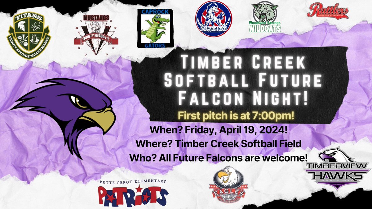 🥎💜Future Falcon Night💜🥎 🗓 4/19 🕧 7:00pm 🏟 Falcon Softball Field 🎟 tinyurl.com/TCSBtickets24 ➡️ tinyurl.com/TCProgram24 📊 GameChanger.com 🏛 @KISDAthletics @TSMSKeller @TMISMustangs @CaprockES @TimbviewMS @Independence_ES @BettePerot @WSESPTA @RidgeviewKISD