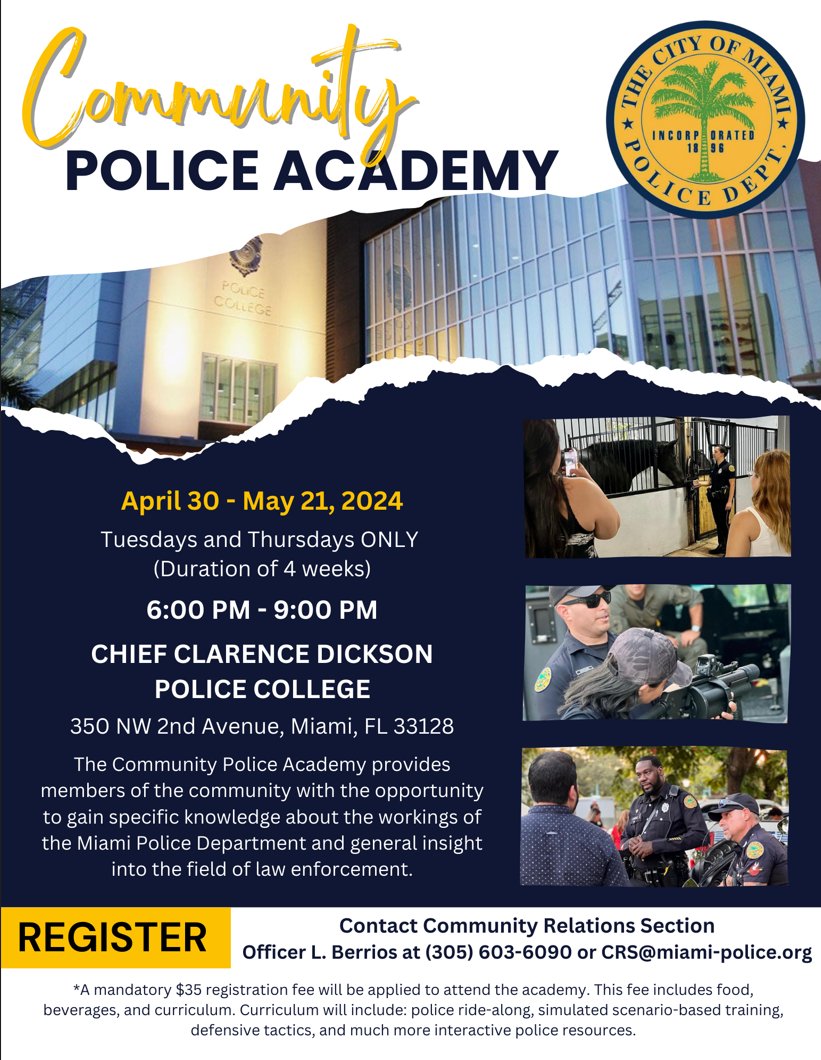 The Community Police Academy is designed to foster an active partnership with the community. So whether you’re a resident, business owner, college student, or just want to gain further insight into our department, now is your chance. Space is limited, sign up now! 305-603-6090